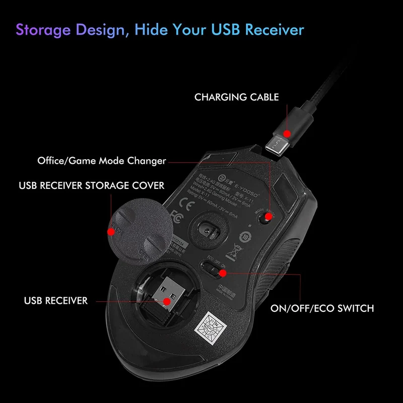 E-Yooso X-11 RGB Ergonomic Wireless Gaming Mouse (Black)