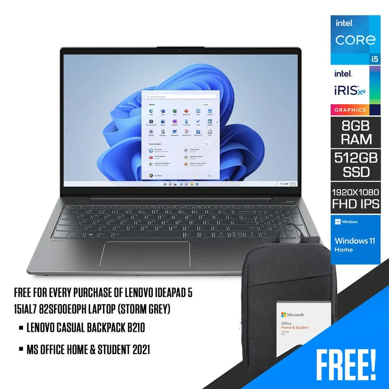 Lenovo Ideapad 5 15IAL7 82SF00E0PH Laptop (Storm Grey) | 15.6” FHD 1920x1080 | i5-1235U | 8GB RAM | 512 GB SSD | Intel Iris Xe Graphics | Windows 11 Home | MS Office Home & Student 2021 | Lenovo Casual Backpack B210