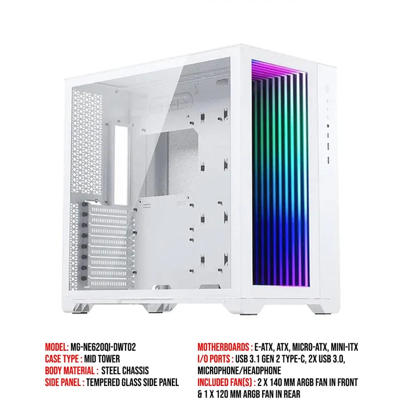 Phanteks Magniumgear Neo Qube 2 DRGB Tempered Glass Mid-Tower Case (Infinity Mirror White) (MG-NE620QI-DWT02)