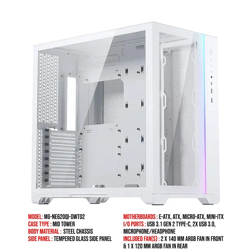 Phanteks Magniumgear Neo Qube 2 DRGB Tempered Glass Mid-Tower Case (White) (MG-NE620Q-DWT02)