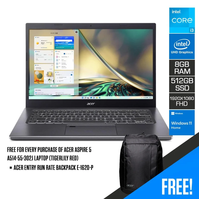 Acer Aspire 5 A514-55-302J Laptop (Tigerlily Red) | 14” FHD (1920 x 1080) | i3-1215u | 8GB RAM | 512GB SSD | Intel UHD Graphics | Windows 11 Home | Acer Entry Run Rate Backpack E-1620-P