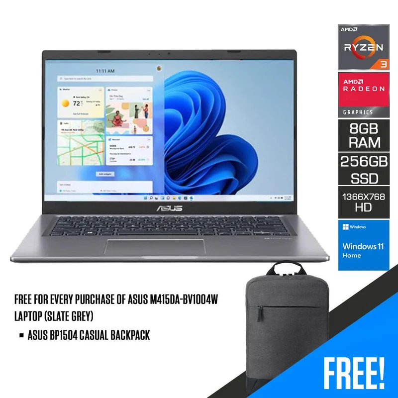 Asus M415DA-BV1004W Laptop (Slate Grey) | 14” FHD (1366 x 768) | Ryzen™ 3 3250U | 256 GB SSD | 8GB RAM | AMD Radeon Graphics | Windows 11 Home | Asus BP1504 Casual Backpack