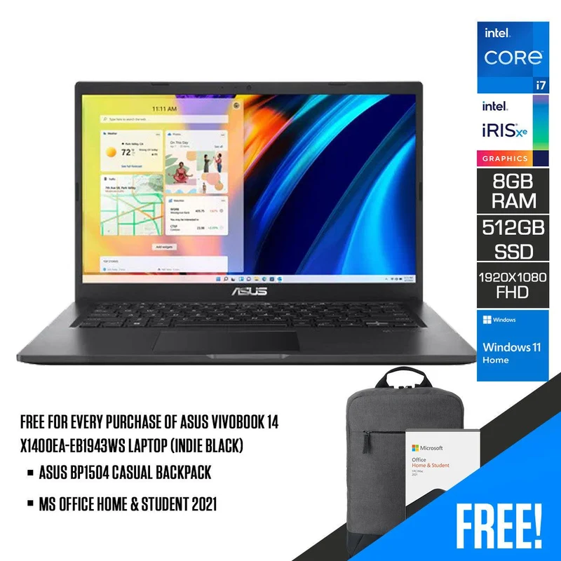 Asus Vivobook 14 X1400EA-EB1943WS Laptop (Indie Black) | 14” (1920 x 1080) FHD | i7-1165G7 | 8GB RAM | 512GB SSD | Intel Iris Xᵉ Graphics | Windows 11 Home | MS Office Home & Student 2021 | Asus BP1504 Casual Backpack