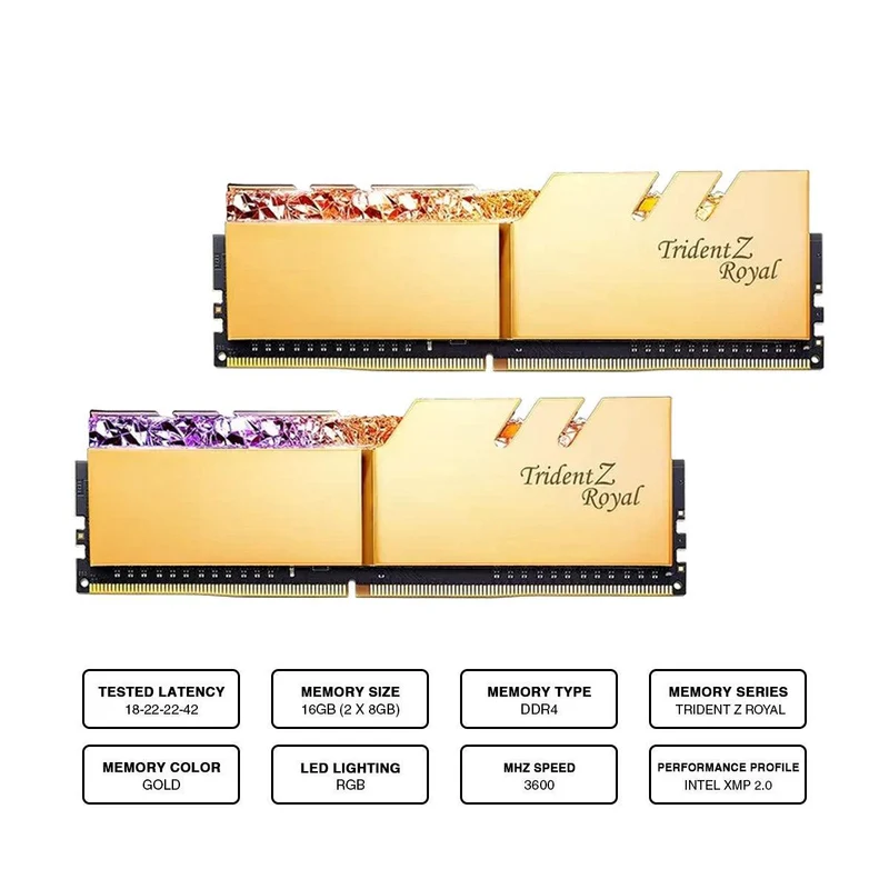 G.Skill Trident Z Royal RGB 16GB (2 X 8GB) DDR4 3600MHZ Memory (Gold) (F4-3600C18D-16GTRG)
