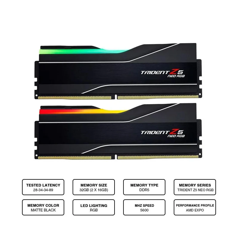 G.Skill Trident Z5 NEO RGB 32GB (2 X 16GB) DDR5 5600MHZ AMD EXPO Memory (F5-5600J2834F16GX2-TZ5NR)