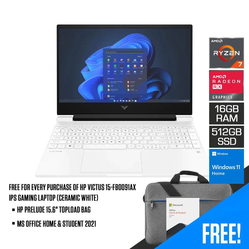 HP Victus 15-FB0091AX IPS Gaming Laptop (Ceramic White) | 15.6" FHD | Ryzen™ 7 5800H | 16 GB DDR4 | 512 GB SSD | RX 6500M | Windows 11 | MS Office Home & Student 2021 | HP Prelude 15.6" Topload Bag