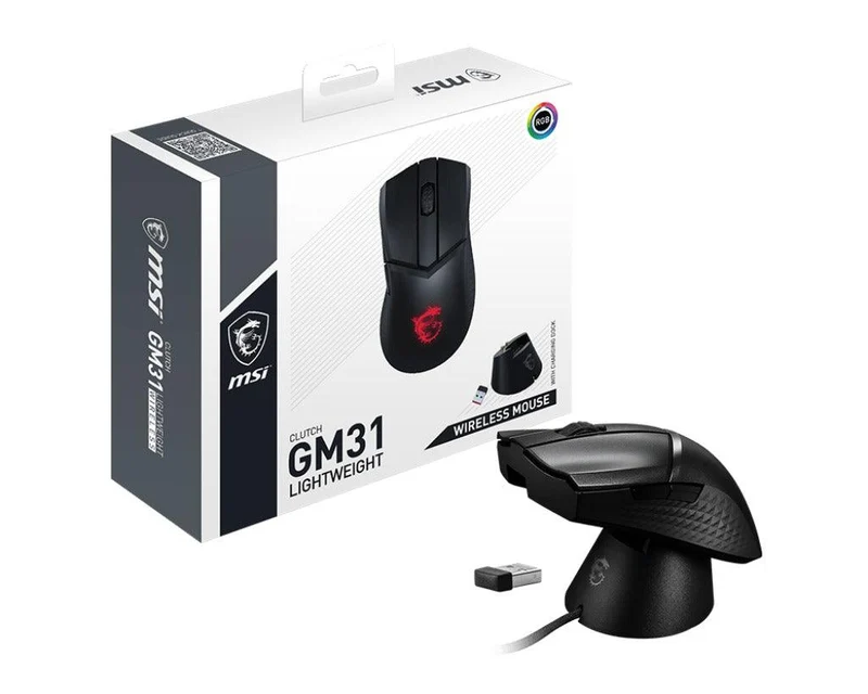 MSI Clutch GM31 RGB Lightweight Wireless Gaming Mouse With Charging Dock (Black)