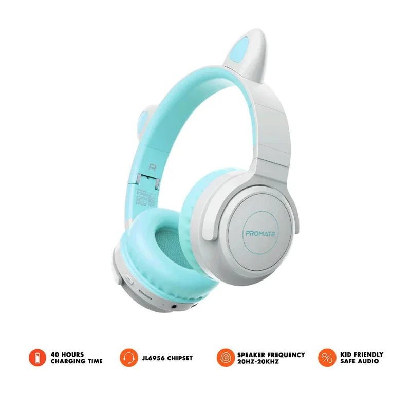 Promate Panda Kidsafe Kawaii Style Wireless Kids Headphone (Aqua)