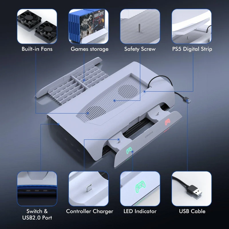 Kiwihome RGB Cooling Stand With Dual Controller Charger For PS5 (PB01/WHITE/HJT-422)
