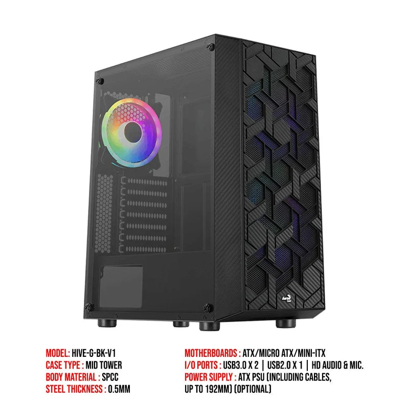 Aerocool Hive-G-BK-V1 ARGB Mid-Tower Case (Black)