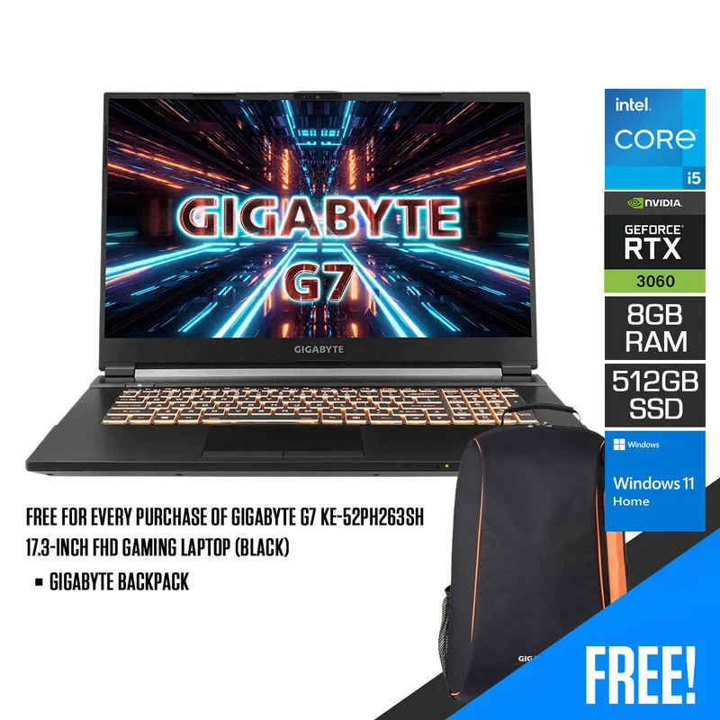 Gigabyte G7 KE-52PH263SH 17.3-INCH FHD Gaming Laptop (Black) | 17.3" FHD | i5-12500H | 8GB DDR4 | 512 GB SSD | RTX™ 3060 | Windows 11 Home | Gigabyte Backpack