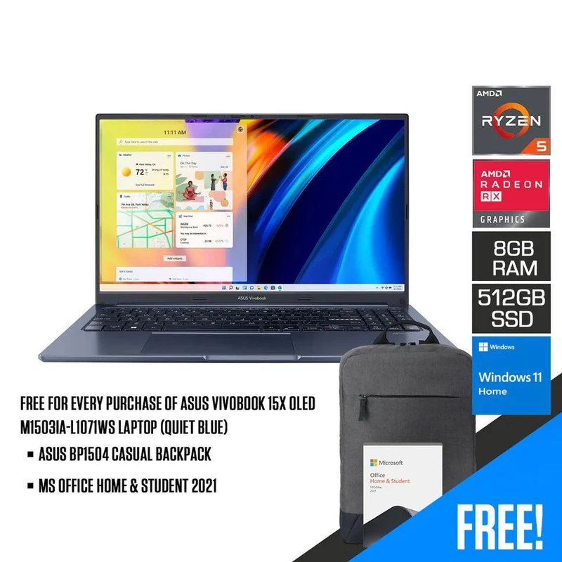 ASUS Vivobook 15X OLED M1503IA-L1071WS Laptop (Quiet Blue) | 15.6" FHD OLED | Ryzen™ 5 4600H | 8GB DDR4 | 512GB SSD | AMD Radeon™ Graphics | Windows 11 Home | MS Office Home & Student 2021 | ASUS BP1504 Casual Backpack
