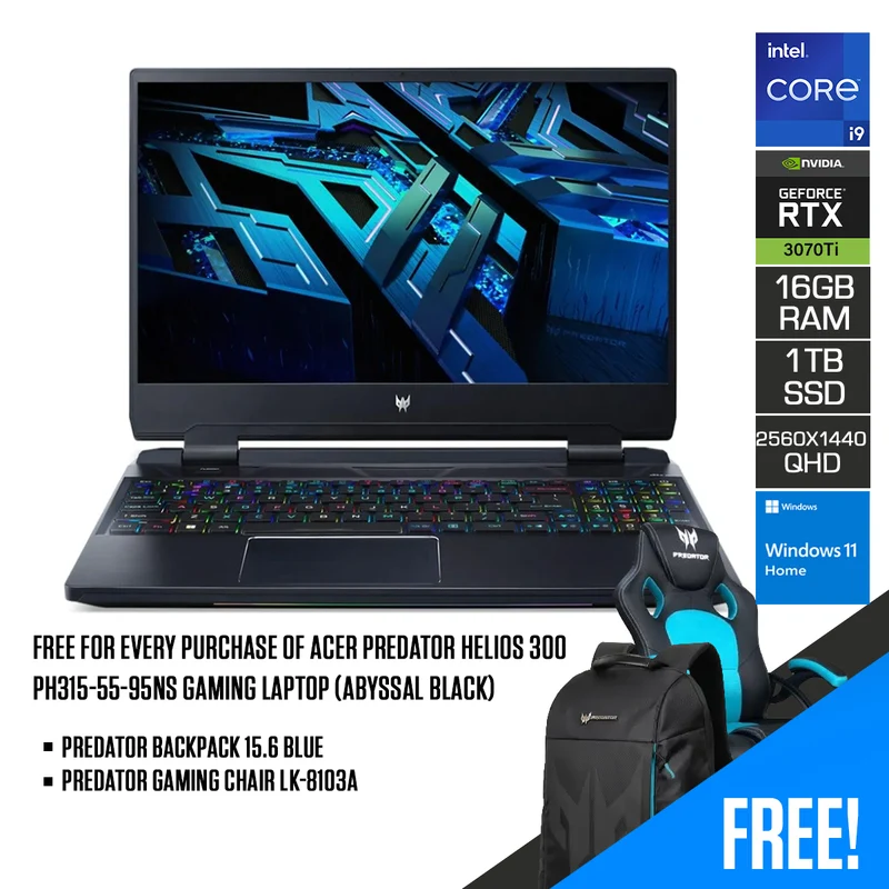 Acer Predator Helios 300 PH315-55-95NS Gaming Laptop (Abyssal Black) | 15.6” QHD | i9-12900H | 16 GB RAM DDR5 | 1TB SSD | RTX 3070Ti | Windows 11 Home | Predator Backpack 15.6 Blue | Predator Gaming Chair LK-8103A