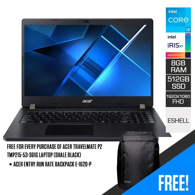 Acer Travelmate P2 TMP215-53-361G Laptop (Shale Black) | 15.6” FHD | i3-1115G4 | 8GB RAM | 512GB SSD | Intel Iris Xe Graphics | EShell | Acer Entry Run Rate Backpack E-1620-P