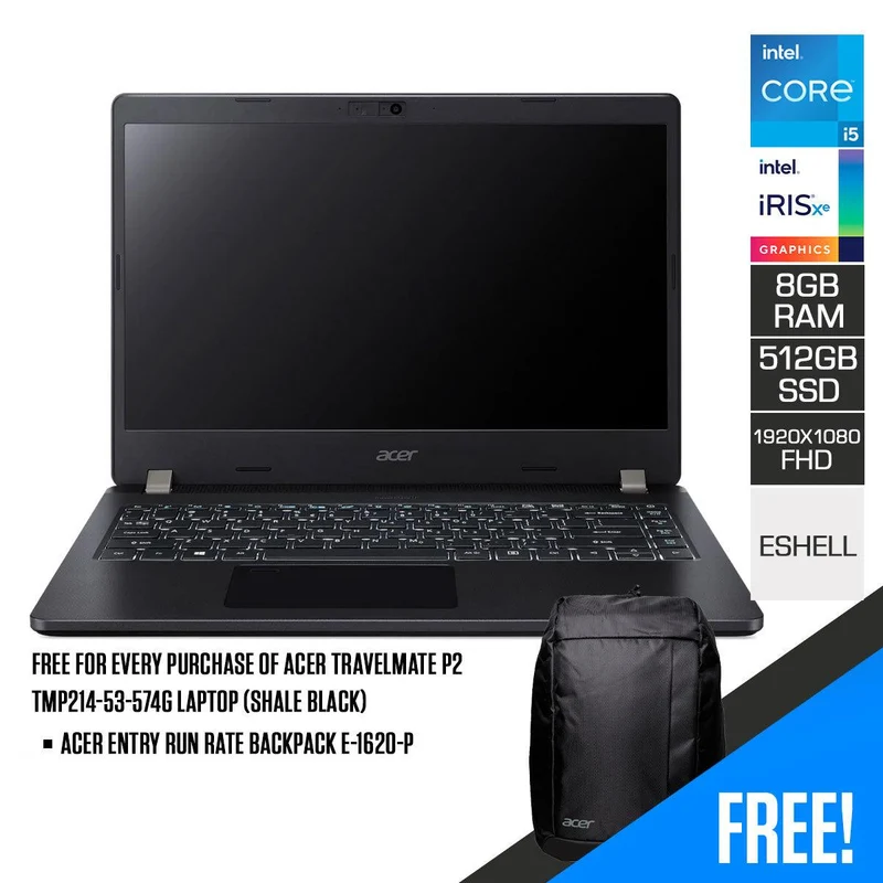 Acer Travelmate P2 TMP214-53-574G Laptop (Shale Black) | 14” FHD | i5-1135G7 | 8GB RAM | 512GB SSD | Intel Iris Xe Graphics | EShell | Acer Entry Run Rate Backpack E-1620-P
