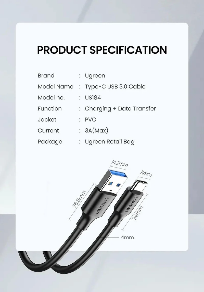 UGREEN USB 3.0 A Male To Type-C Male Cable Nickel Plating 0.5M (US184/20881)
