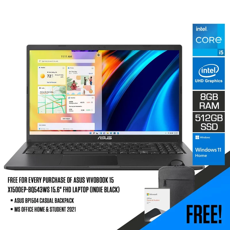 Asus Vivobook 15 X1500EP-BQ543WS Laptop (Indie Black) | 15.6" FHD | i5-1135G7 | 8 GB DDR4 | 512 GB SSD | MX330 | Windows 11 Home | MS Office Home & Student 2021 | Asus BP1504 Casual Backpack