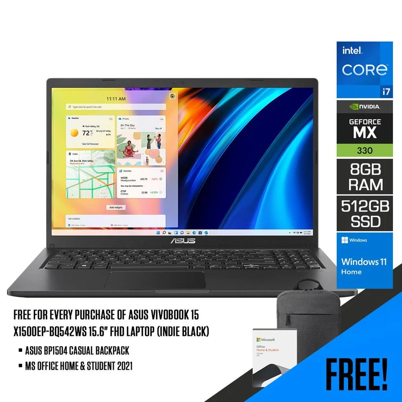 ASUS Vivobook 15 X1500EP-BQ542WS Laptop (Indie Black) | 15.6" FHD | Intel Core i7 1165G7 | 8GB DDR4 | 512GB SSD | GeForce MX330 | WIN11 + MS Office Home and Student + ASUS BP1504 Casual Backpack