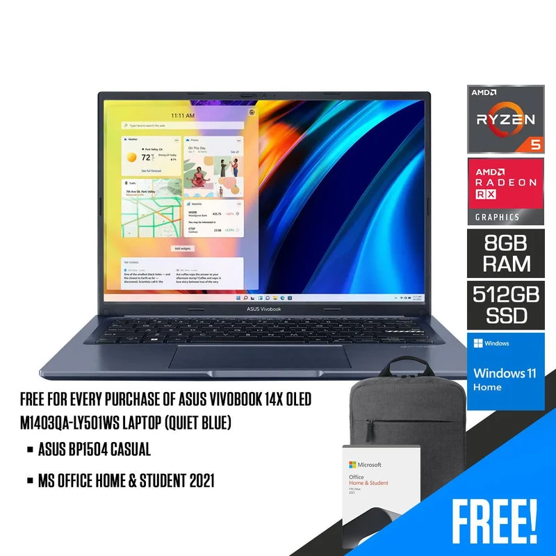 Asus Vivobook 14X OLED M1403QA-LY501WS Laptop (Quiet Blue) | 14" 1920 x 1200 | Ryzen 5 5600H | 8 GB RAM DDR4 | 512 GB SSD | AMD Radeon Vega 7 | Windows 11 Home | MS Office Home & Student 2021 | Asus BP1504 Casual Backpack