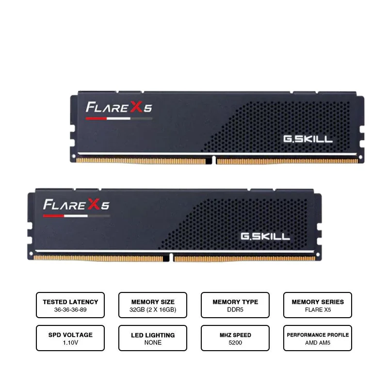 G.Skill Flare X5 AMD Expo 32GB (2 X 16GB) DDR5 5600MHZ Memory (F5-5600J3636C16GX2-FX5)