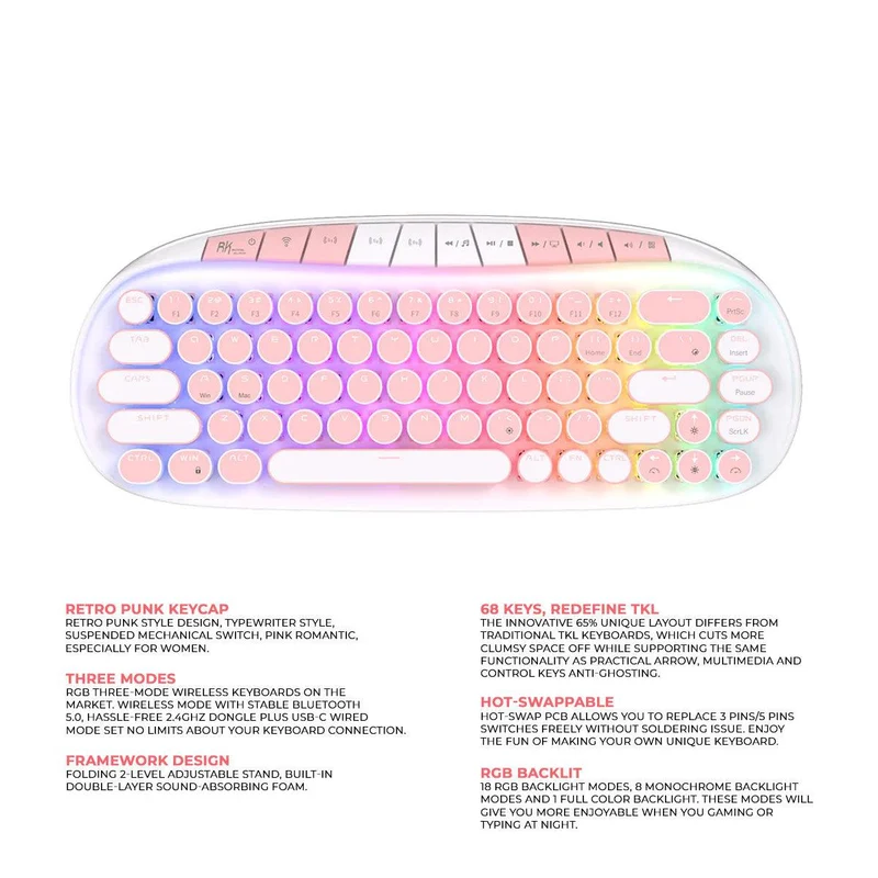 Royal Kludge RK Round Tri-Mode RGB 68 Keys Hot Swappable Mechanical Keyboard White (Pink Switch)