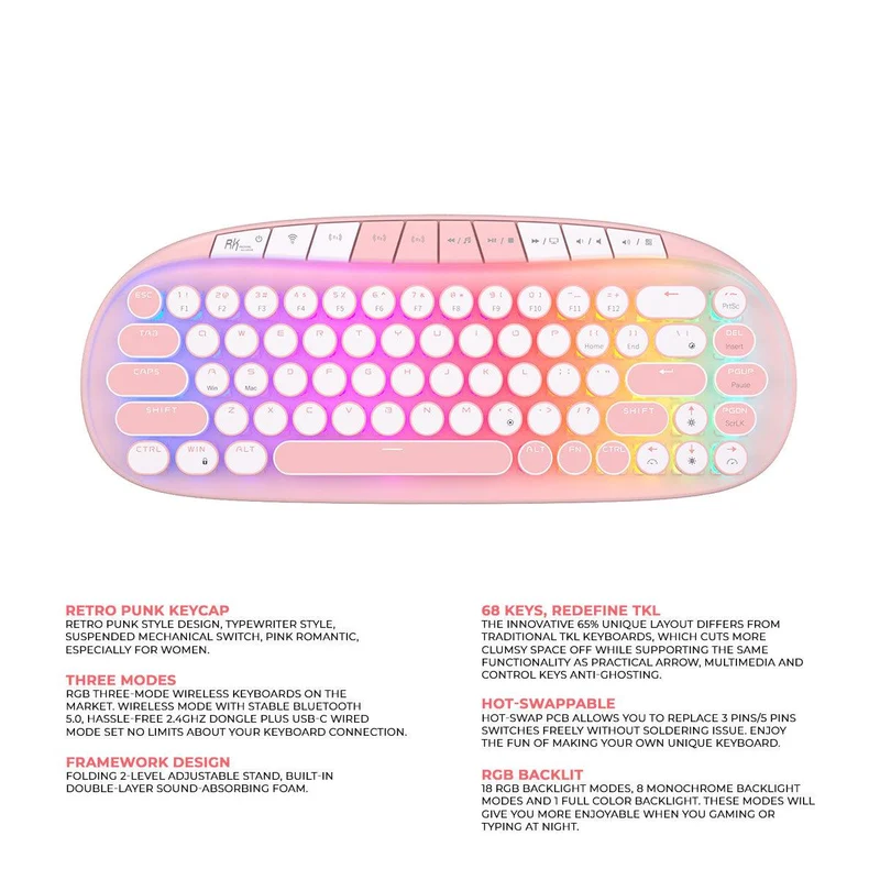 Royal Kludge RK Round Tri-Mode RGB 68 Keys Hot Swappable Mechanical Keyboard Pink (Pink Switch)