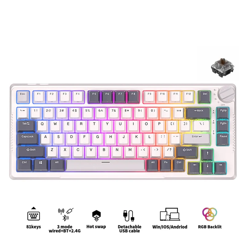 Royal Kludge RK-H81 Tri-Mode RGB 81 Keys Hot Swappable Mechanical Keyboard White Night (Brown Switch)