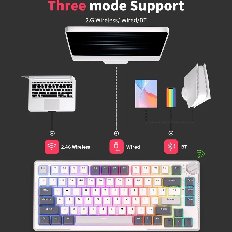 Royal Kludge RK-H81 Tri-Mode RGB 81 Keys Hot Swappable Mechanical Keyboard White Night (Brown Switch)