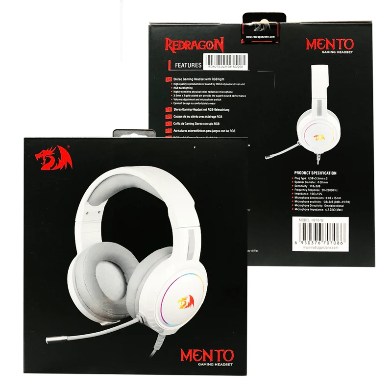 REDRAGON MENTO RGB STEREO WIRED GAMING HEADSET (WHITE) (H270-W)