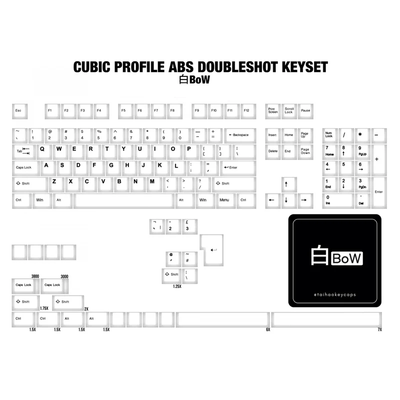 Taihao Double Shot ABS-Cubic Keycaps Set For Cherry MX Switch (130-Keys) (Black On White) (T01WP101)