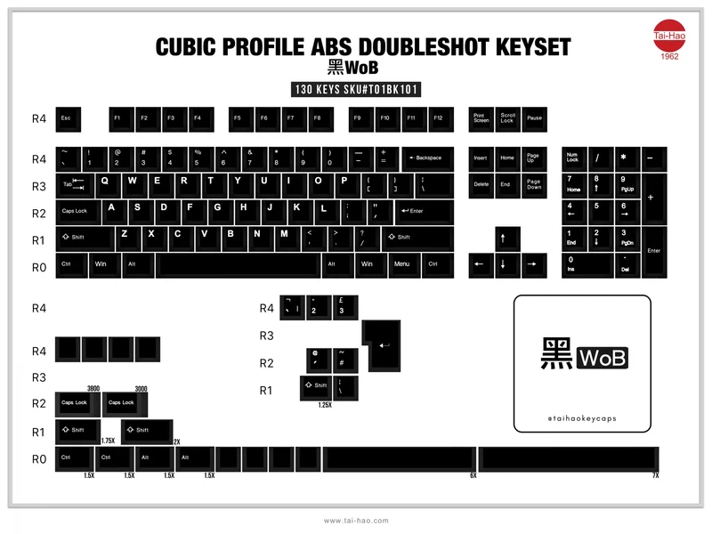 TAIHAO DOUBLE SHOT ABS-CUBIC KEYCAPS SET FOR CHERRY MX SWITCH (130-KEYS) (WHITE ON BLACK) (T01BK101)