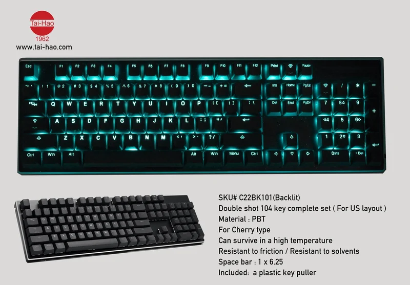 TaiHao Double Shot PBT Backlit Keycaps Set For Cherry MX Switch (108-Keys) (Black) (C22BK101)