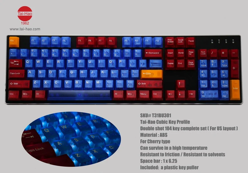 Taihao Double Shot ABS-CUBIC Backlit Keycaps Set For Cherry MX Switch (104-Keys) (ORZ I - Blue) (T31BU301)