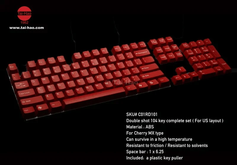 Taihao Double Shot ABS Keycaps Set For Cherry MX Switch (104-Keys) (Red) (C01RD101)
