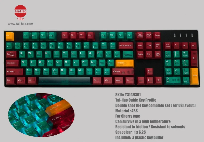 Taihao Double Shot ABS-CUBIC Backlit Keycaps Set For Cherry MX Switch (104-KEYS) (ORZ II - Green) (T31GN301)