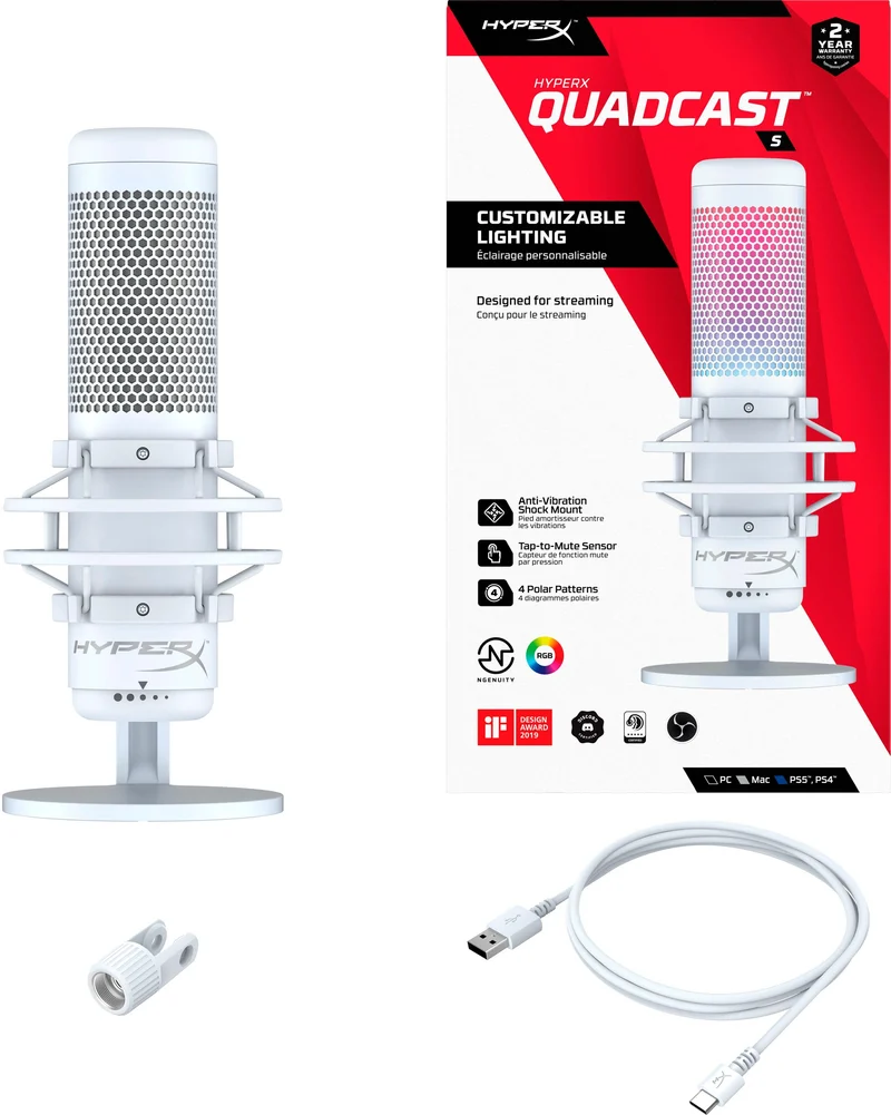 HyperX Quadcast S Wired Multi-Pattern USB Electret Condenser Microphone For PC/ Mac/ PS5/ PS4 (White)